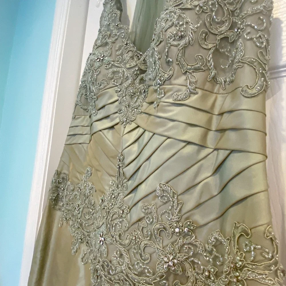 Montage by Mon Cheri Olive Green Embellished V-Neck Evening Dress - Picture 3 of 7